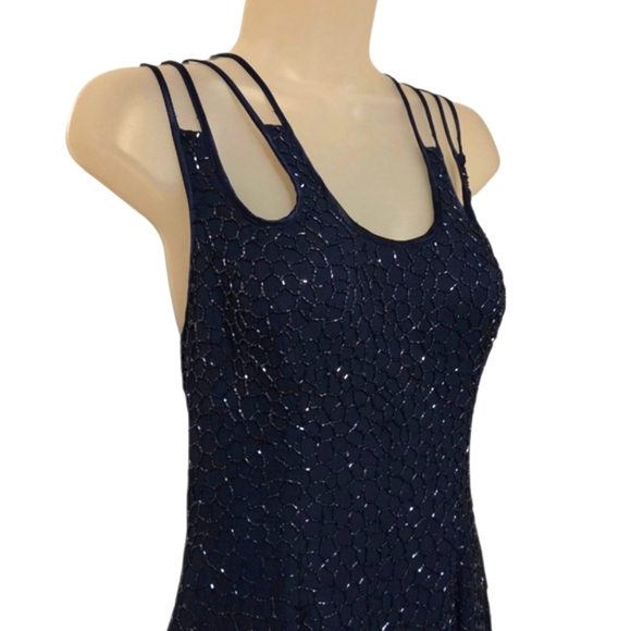 *rare* Scala Vintage Silk Sequin Formal Maxi Gown Dress Blue Spaghetti Sz Large - Picture 3 of 12